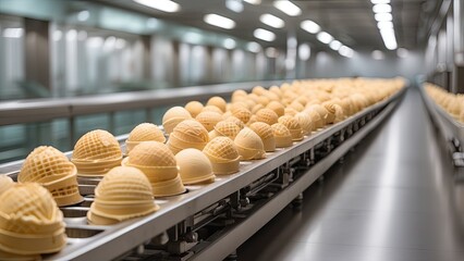 Wall Mural - Plant - conveyor belt with waffle cones. Modern ice cream production. Food industry