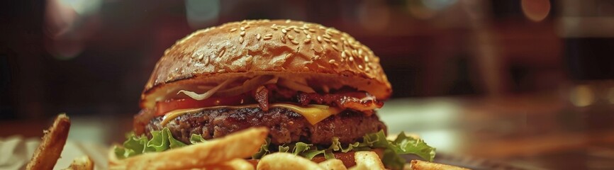 Gourmet Burger with Cheese, Lettuce, and Tomato on a Brioche Bun, Served with Crispy Fries