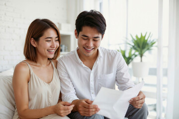 Happy Asian couple is sitting on a couch, with a man holding a document and reading a good news of letter. Concept of warmth, happiness and success