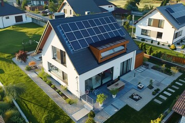 New suburban house with a photovoltaic system on the roof. Modern eco friendly passive house with landscaped yard. Solar panels on the gable roof