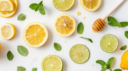 Wall Mural - Fresh citrus fruits and herbs on white background. Lemon, lime slices and mint leaves. Minimalist food composition. Flat lay style for healthy eating concepts. Perfect for stock photos and blogs. AI