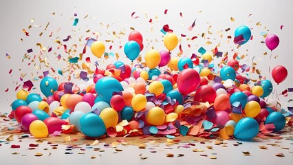 Vibrant balloons and confetti create a colorful display on a white background