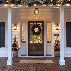 Lux front porch entry door Christmas tree warm lights garland lantern festive cozy welcoming holiday decor charming rustic home exterior night elegant seasonal inviting warm glow entrance wreath Santa