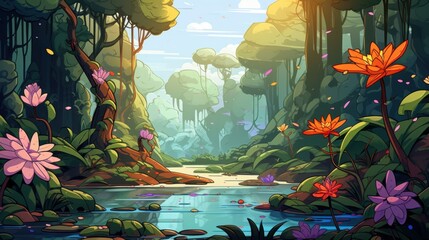 Vibrant cartoon jungle landscape with river and exotic flowers. Lush tropical rainforest scenery illustration for animation or game background.