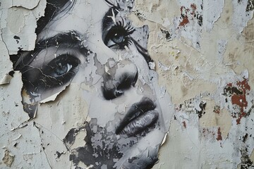 Sticker - Old wrinkled grunge ripped torn placard posters background. Remains of torn poster with woman face on wall