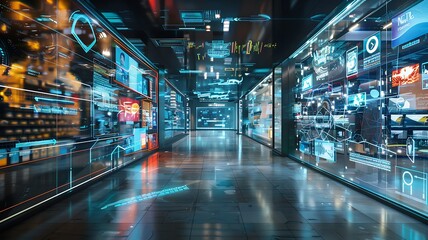 Wall Mural - A futuristic retail environment with integrated digital screens and smart technology, illustrating the concept of omnichannel retailing