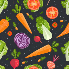 A colorful vector pattern featuring various vegetables such as carrots, cabbages, tomatoes, and beets on a dark background.