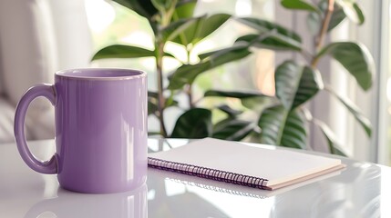 glossy white tabletop featuring a medium violet mug, simple interior setup with notepad and ficus.
