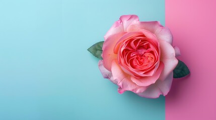 Wall Mural - Pink rose on colored background viewed from above