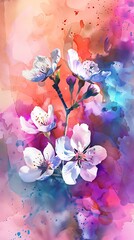 Wall Mural - Relaxing watercolor illustration of spring blossoms with a vibrant abstract background