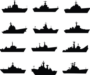 military warships set. fighter navy ships silhouette. military vessels icon collection vector. battl