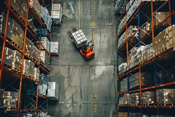 Poster - Overhead view of warehouse worker moving pallet of goods with forklift in warehouse