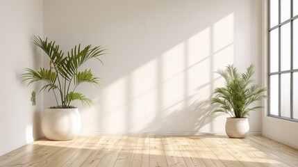 Modern Indoor Plant Decor: Two Large Potted Plants with Green Leaves, Sunlight Streaming Through Window, Minimalist Interior Design