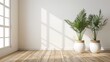 © Bipul Kumar - Modern Indoor Plant Decor: Two White Vases with Green Palm Leaves on Wooden Floor