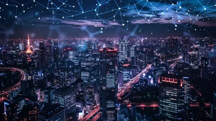 Canvas Print - The sky above a bustling city at night, illuminated by countless lights, reveals the interplay between human innovation and the natural world.