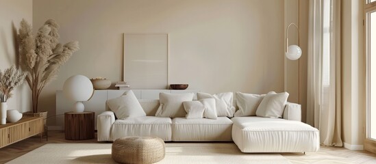 Wall Mural - Modern Living Room Decor: White Sofa with Throw Pillows, Minimalist Coffee Table, and Abstract Art on Wall