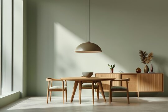 Modern Scandinavian Dining Room with Wooden Table and Chairs, Hanging Light, and Minimalist Decor