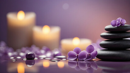 Spa composition. Herbs, burning candle on table, bokeh background