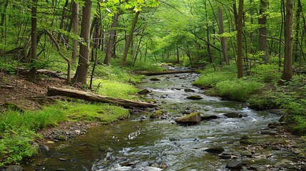 Poster - The sound of a babbling brook winding through a forest provides a peaceful backdrop, inviting quiet reflection and a connection with nature.