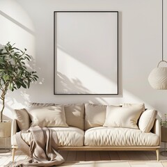 Canvas Print - A tasteful living room setting with a plush couch and a sunlight-kissed blank frame perfect for an abstract, wallpaper, or background best-seller