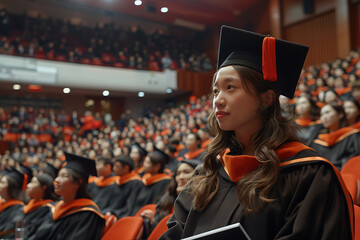 A girl in a graduation cap sits in the audience while others receive diplomas on stage to applause.