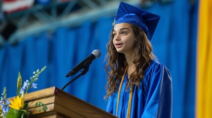 Poster - The valedictorian stepped up to the podium, delivering a heartfelt speech that reflected on shared experiences and looked forward to the future with optimism.