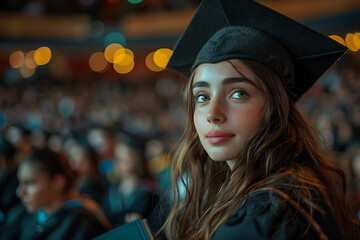 A girl in a graduation cap sits in the audience while others receive diplomas on stage to applause.