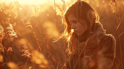 Poster - Contemplative Woman in Field of Tall Grass at Sunset