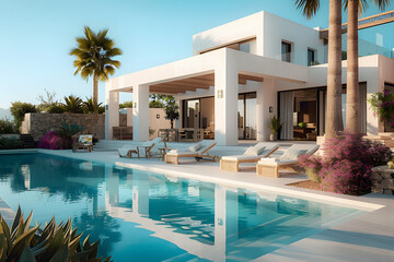 Wall Mural - Luxury modern vacation home with a swimming pool. Sunbeds, relaxing vacation Mediterranean