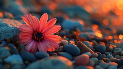 Poster - Vibrant Sunset Flower on Rocks