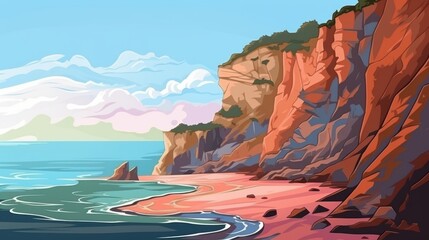 Wall Mural - Scenic view of a beach with red cliffs and blue sea, cartoon illustration of a beautiful coastal landscape