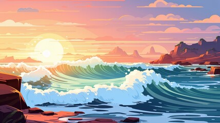 Wall Mural - Vibrant sunset over ocean waves crashing on a rocky shore. Cartoon style digital illustration, concept of nature, beauty, peace, travel, and relaxation