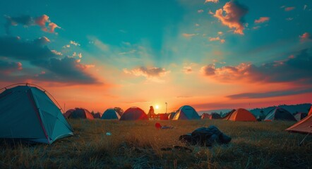 Poster - Sunset Glow over Camping Tents in a Field