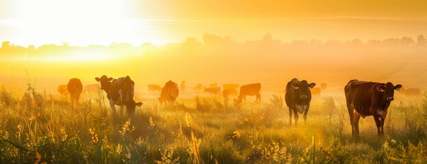 Canvas Print - Dawn Pastoral: Herd of Cows Grazing in Golden Fields