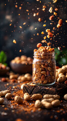 Wall Mural - Jar of peanut praline off-center, surrounded by peanuts on dark textured background