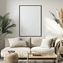 Wall Mural - A stylish living room setting featuring a couch and blank wall art creating a perfect abstract, wallpaper, and background for best-seller visuals