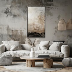 Wall Mural - A sophisticated living space featured with a sofa and abstract artwork, great for a background or best-seller wallpaper design