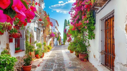 Sticker - Picturesque narrow street in Spanish city old town. Typical traditional whitewashed houses with blooming plants, flowers, cobbled street in a small cozy town in Spain