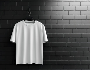 Wall Mural - A blank white t-shirt on a hanger against a black brick wall, in a modern presentation concept. Generative AI