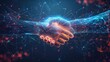 © 69 - Futuristic business partnership concept. Abstract digital handshake with two hands formed by lines, dots, and geometric shapes on a blue tech background, symbolizing connectivity and teamwork
