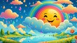 © Nikolaus - Cartoon illustration of a happy sun, fluffy clouds, and rainbow over a serene lake with flowers and trees.