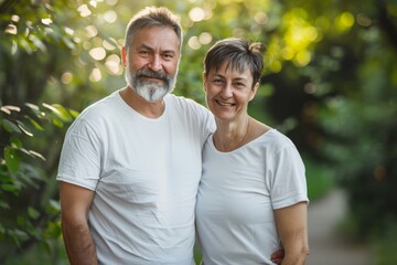 Poster - Happy Couple in Nature, Smiling and Posing for a Sunlit Photo