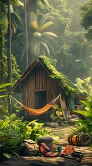 Wall Mural - Scenic tropical rainforest with a wooden cabin, hammock, and adventure gear ready for a summer vacation