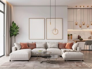 Wall Mural - A sophisticated modern living room wallpaper background with abstract art frames, projecting a best-seller ambiance of minimalist design