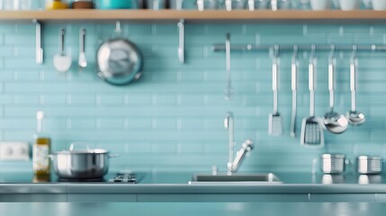 Modern kitchen interior with turquoise subway tile backsplash, stainless steel sink, and hanging utensils. Clean and contemporary design.