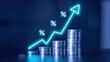 © Stocks Buddy - A stack of coins with an arrow pointing upwards and glowing percent icon showing financial growth and investment concept