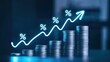 © Stocks Buddy - A stack of coins with an arrow pointing upwards and glowing percent icon showing financial growth and investment concept
