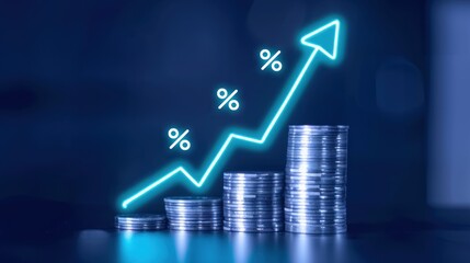 A stack of coins with an arrow pointing upwards and glowing percent icon showing financial growth and investment concept