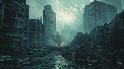 Wall Mural - Post-apocalyptic abandoned city. Destroyed buildings, burning rubble, polluted water and air. Devastated remains of post-apocalyptic terrain