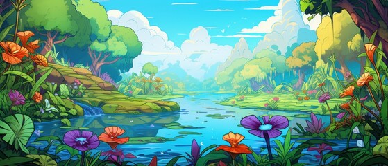 Wall Mural - Cartoon lush vibrant fantasy forest by the river. Tranquil anime landscape of magical jungle with blue water, green trees, and blooming flowers. Concept of nature, spring, and paradise.